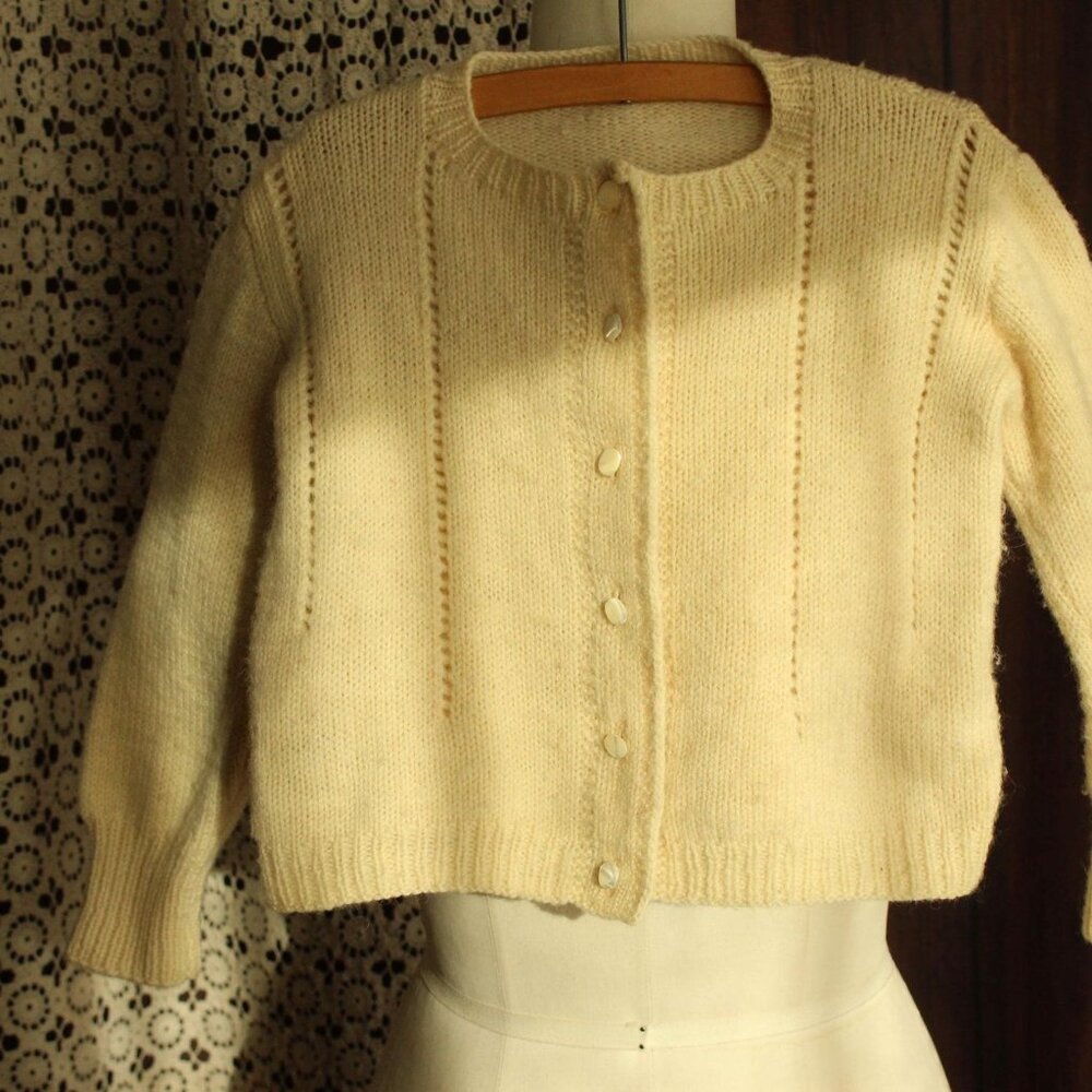 Vintage 1950s Baby Sweater, Ivory Wool Knit Infant Cardigan